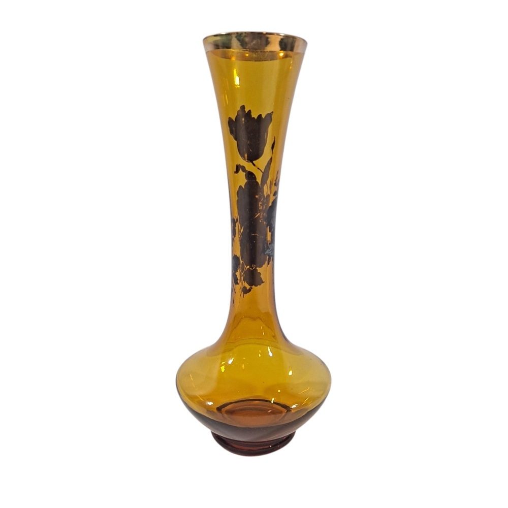 Vintage Amber Applied Flower Decal Glass Bud Vase 8"